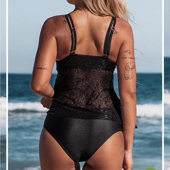 Black tankini with lace overlay and one shoulder design, new - Picture 3 of 9